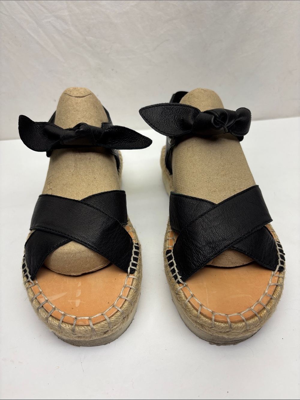 Frye and Co Black Espadrille Platform Sandals with Ankle Tie, sz 7.5 M, box 74